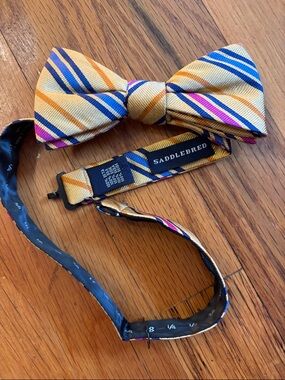 Saddlebred Silk Yellow Striped Bow Tie with Blue and Pink Accents